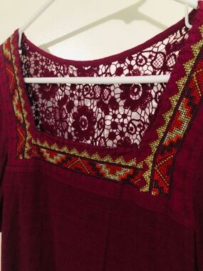 Lucky Brand “Live in Love” Bohemian Beaded Blouse with Floral Back Cutout